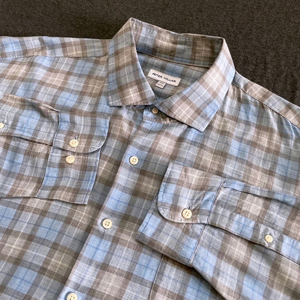 Peter Millar Shirt Mens XXL Blue Gray Plaid Button Down Cotton Checkered